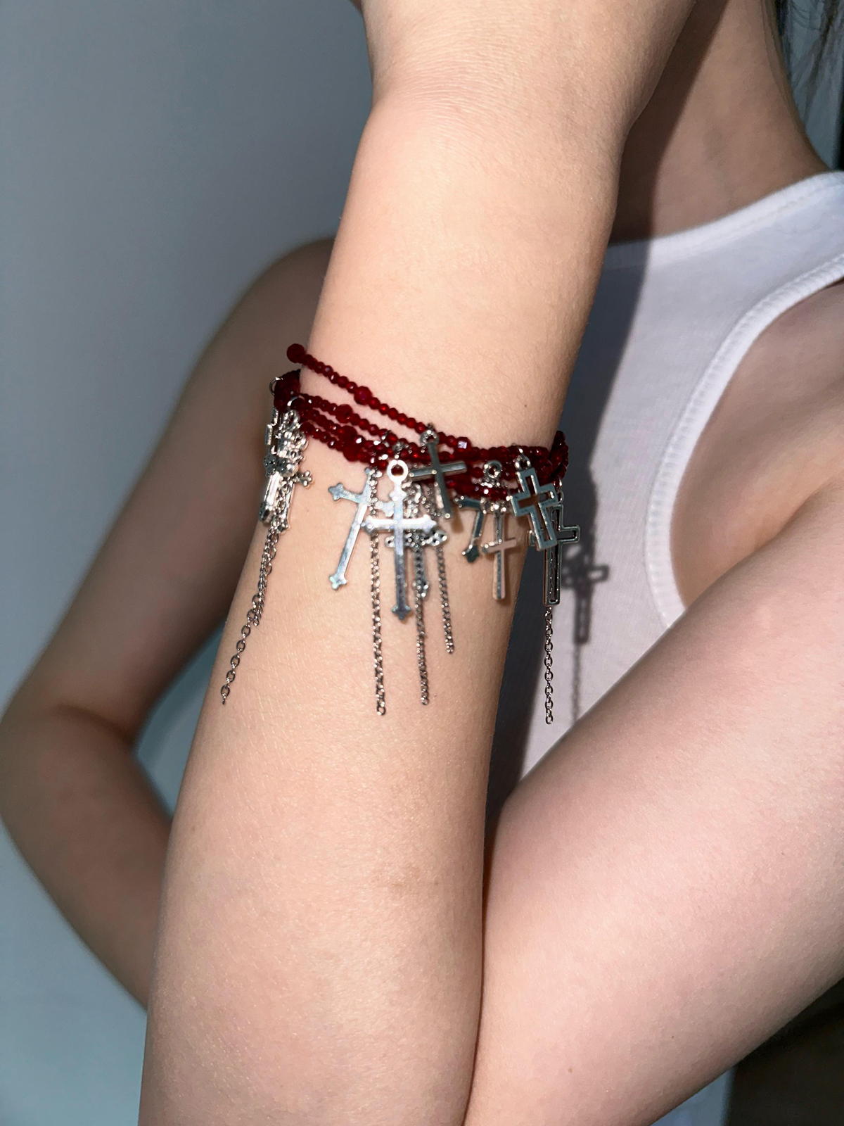 Cross Tassel Crystal Beaded Bracelet Cross Tassel Rock-style Beaded Multi-layer Bracelet