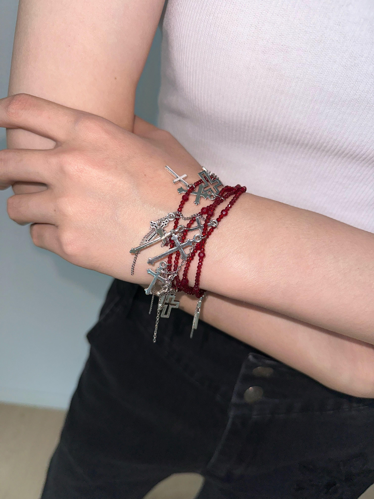 Cross Tassel Crystal Beaded Bracelet Cross Tassel Rock-style Beaded Multi-layer Bracelet