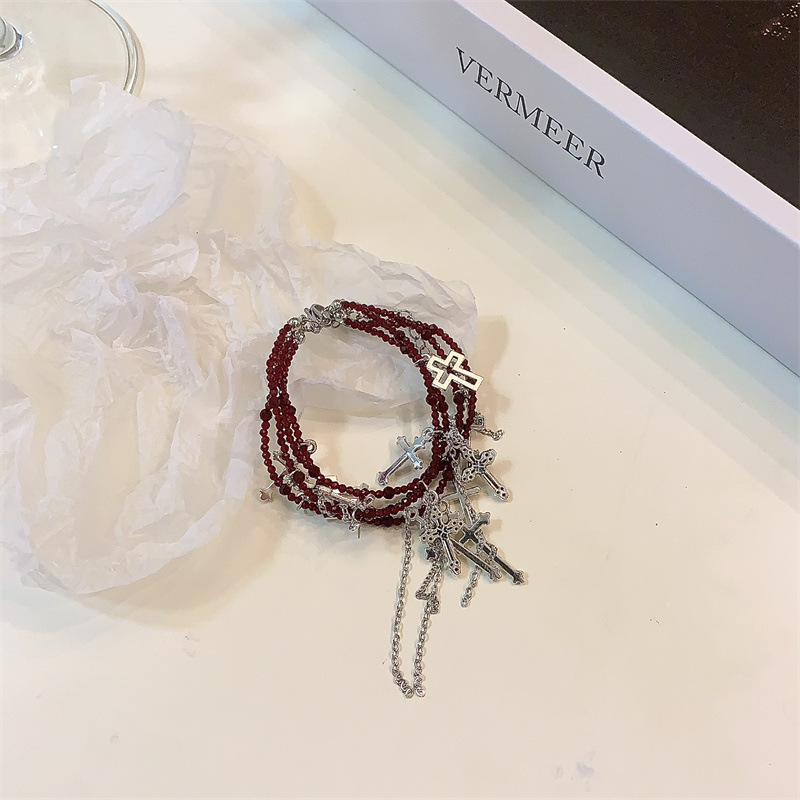 Cross Tassel Crystal Beaded Bracelet Cross Tassel Rock-style Beaded Multi-layer Bracelet