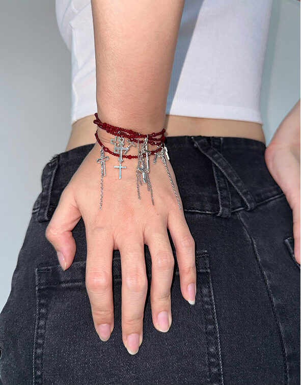 Cross Tassel Crystal Beaded Bracelet Cross Tassel Rock-style Beaded Multi-layer Bracelet
